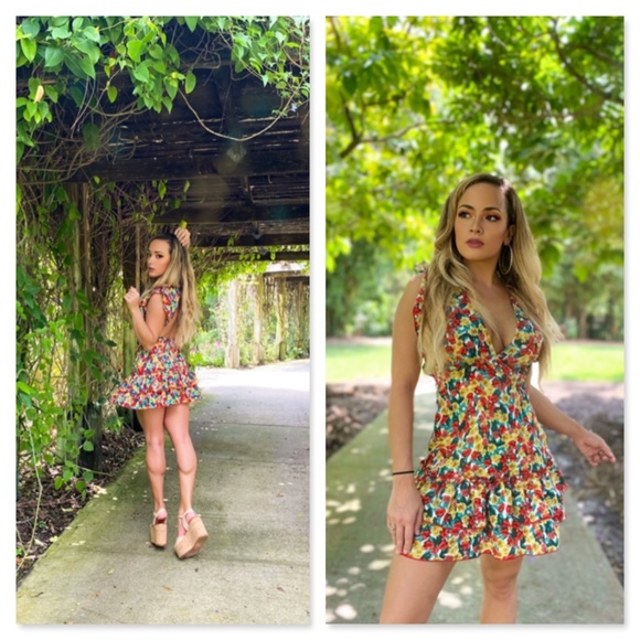 Backless Floral Print Mini Dress Deep V Neck - Picture 12 of 16